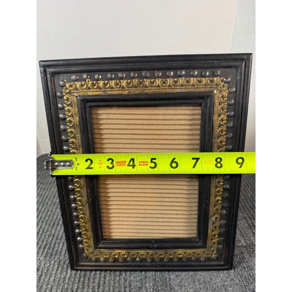 Vintage Black Wood Picture Frame Gold Brass Scrolled Inlay Studded 5x7 Opening